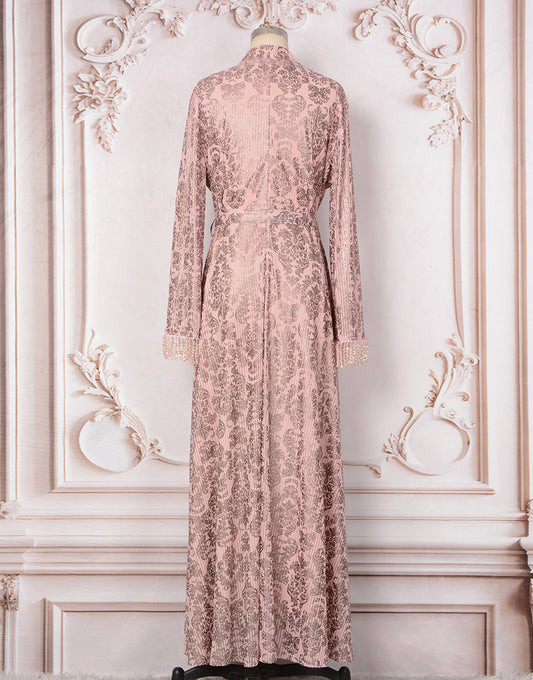 Robe Longue Élégante avec Manches Évasées Broderie Florale et Appliqués en Or