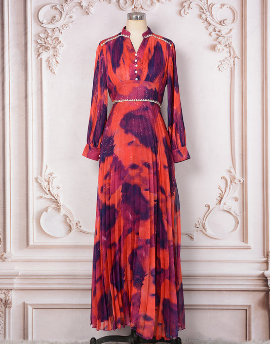 Robe Longue Élégante avec Col V Manches Longues Plis et Détails en Strass