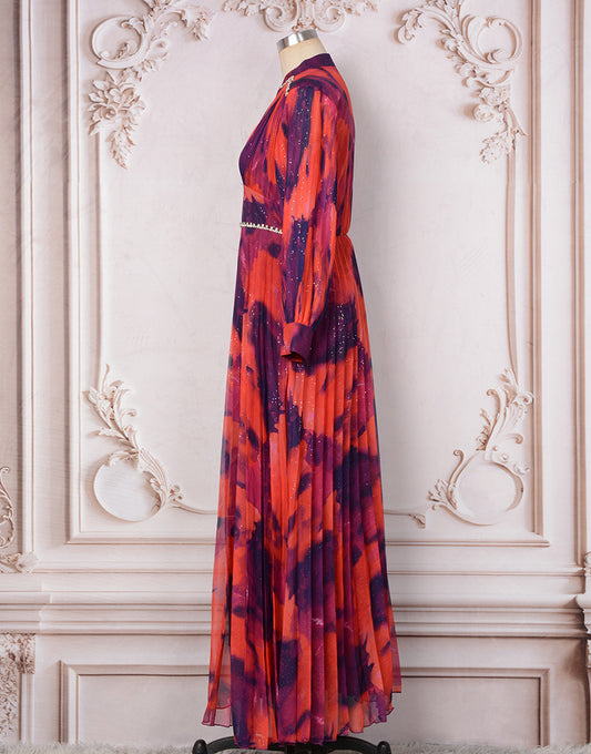 Robe Longue Élégante avec Col V Manches Longues Plis et Détails en Strass