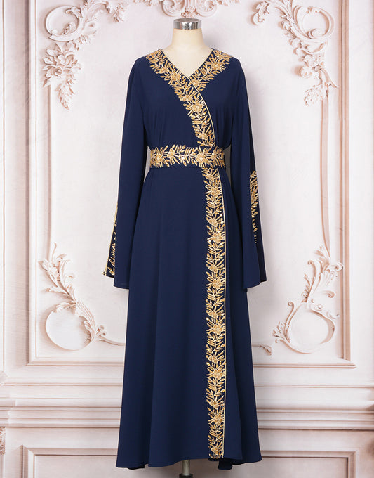 Robe Longue Élégante avec Col V Manches Longues Appliqués Floraux et Détails en Perles