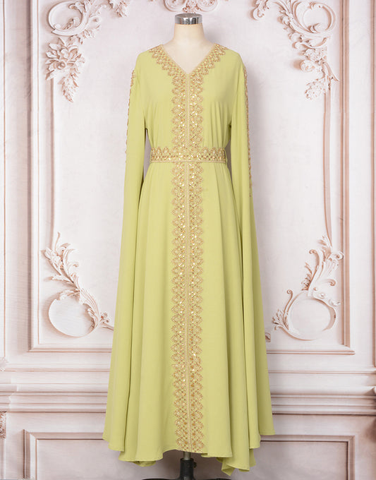 Robe Longue A-Line Élégante avec Col V Manches Longues Broderie