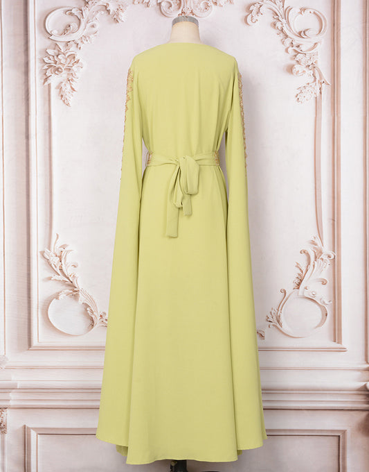 Robe Longue A-Line Élégante avec Col V Manches Longues Broderie