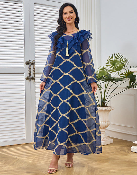 Robe Longue Élégante en Tulle avec Manches Longues et Broderie en Dentelle