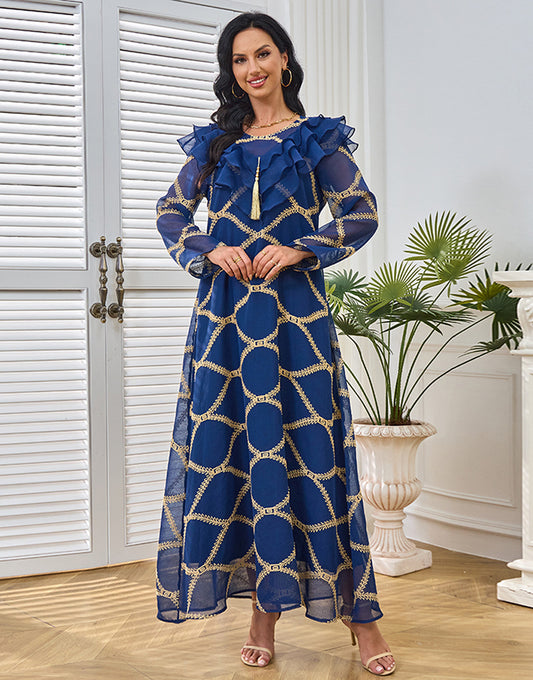 Robe Longue Élégante en Tulle avec Manches Longues et Broderie en Dentelle