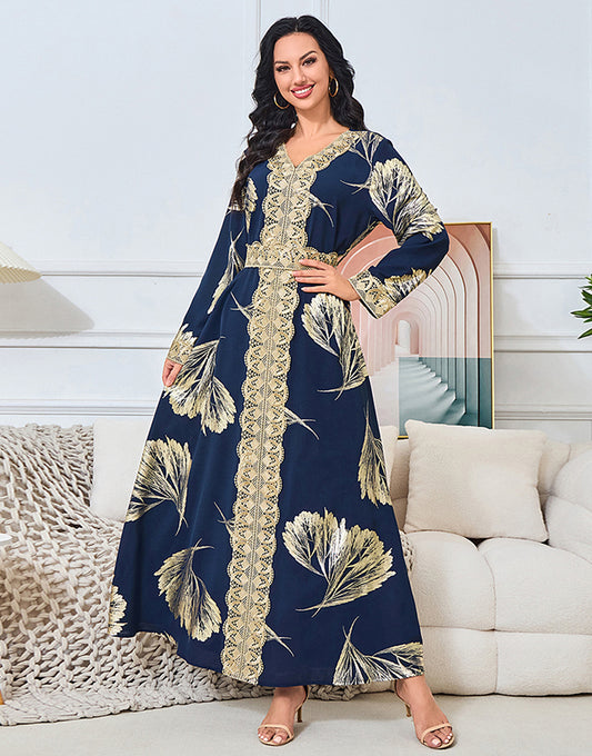 Robe Longue Élégante avec Col V Manches Évasées Broderie et Imprimé Doré