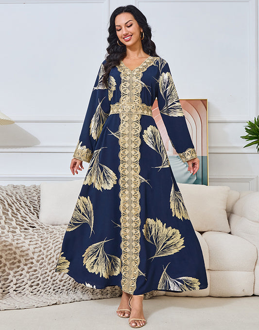 Robe Longue Élégante avec Col V Manches Évasées Broderie et Imprimé Doré