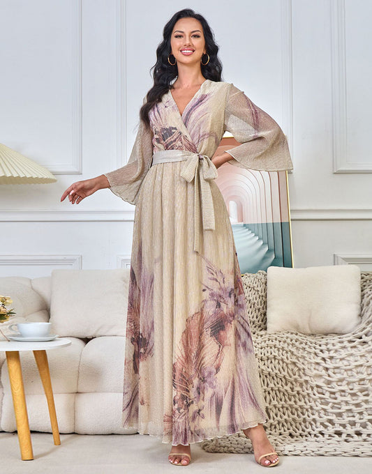 Robe Longue Élégante à Imprimé Coloré avec Manches Évasées et Ceinture