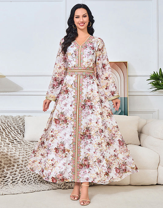 Robe Longue Classique avec Col V Broderie Florale et Ceinture Ajustable