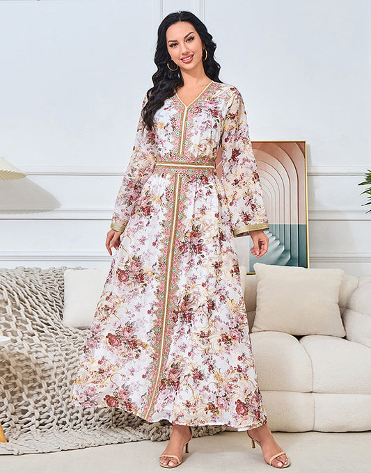 Robe Longue Classique avec Col V Broderie Florale et Ceinture Ajustable