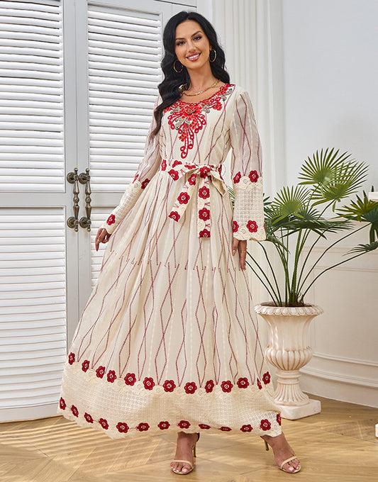 Robe Longue A-Line avec Col Rond Manches Longues Broderie Florale et Ceinture