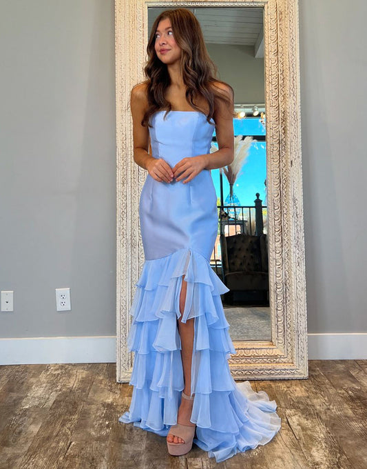 Robe de bal sirène bleu ciel sans bretelles à volants en cascade