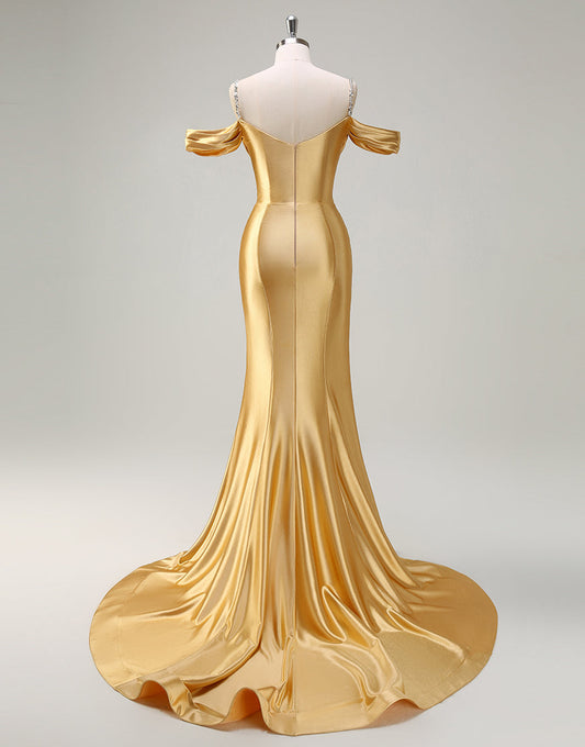 Robe de bal sirène dorée sans bretelles à sequins froncés