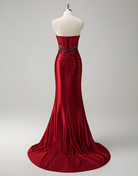 Robe de bal sirène bordeaux sans bretelles avec appliques à sequins et fente