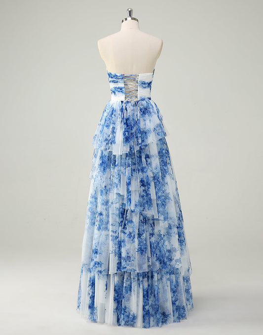 Robe de bal trapèze en tulle à imprimé fleuri bleu et blanc