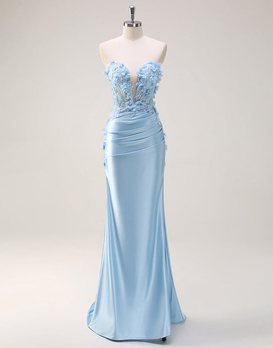 Robe de bal sirène bleu ciel à fleurs 3D avec décolleté en cœur et perles froncées