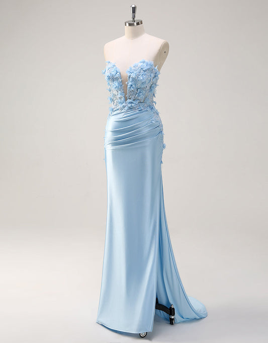 Robe de bal sirène bleu ciel à fleurs 3D avec décolleté en cœur et perles froncées