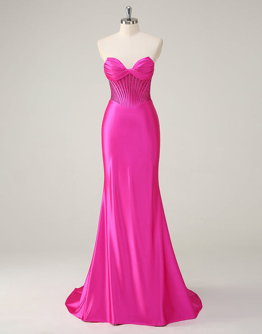 Robe de bal sirène fuchsia à décolleté en cœur et à fronces en cristal