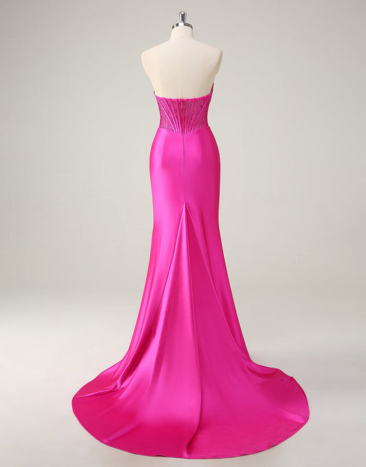 Robe de bal sirène fuchsia à décolleté en cœur et à fronces en cristal