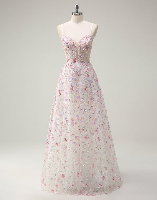 Robe de bal trapèze en tulle spaghetti à fleurs et sequins roses