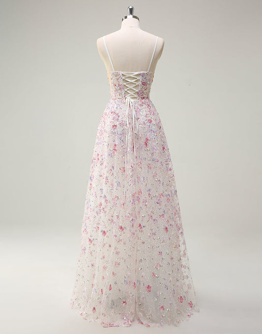 Robe de bal trapèze en tulle spaghetti à fleurs et sequins roses