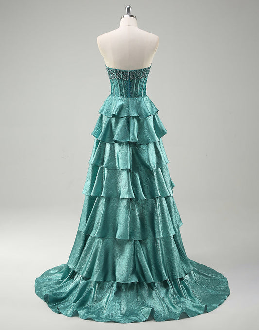 Robe de bal chic à volants et col bateau vert paon