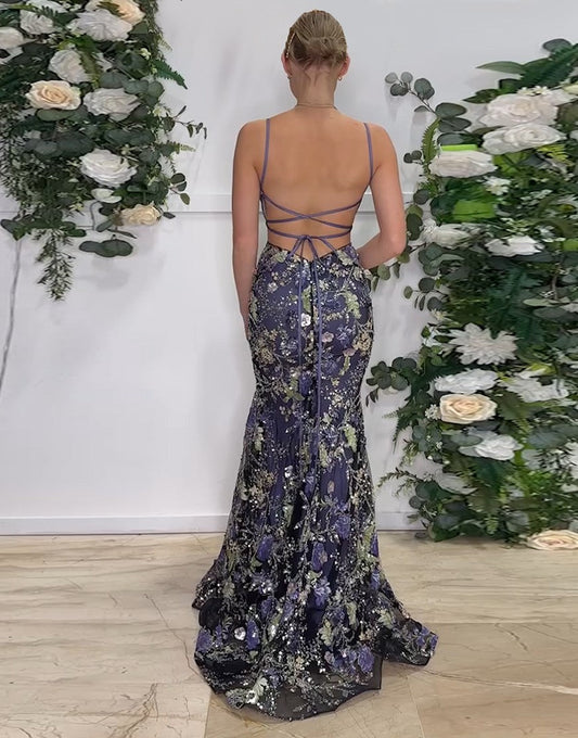 Robe de bal sirène bleu marine à imprimé spaghetti et traîne