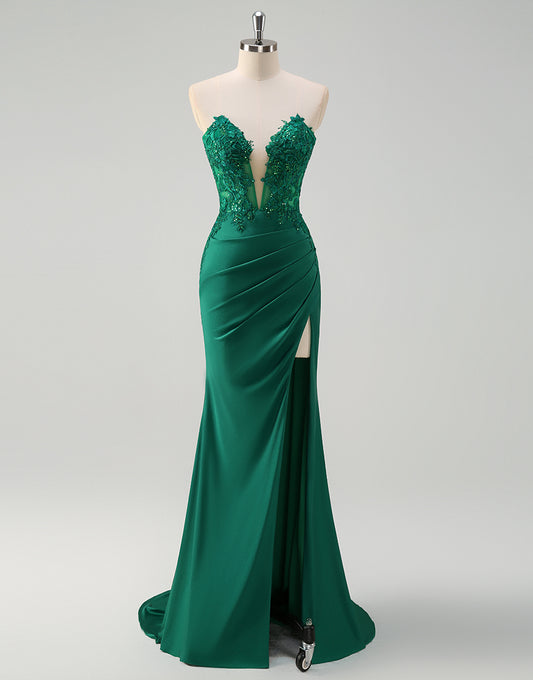 Robe de bal Green Sheath avec col en V sweetheart et application décorative