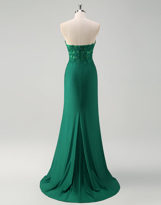 Robe de bal Green Sheath avec col en V sweetheart et application décorative