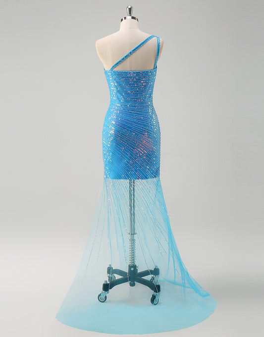 Robe de bal en mousseline avec une bandelette sur l'épaule, une traîne et une couleur bleue