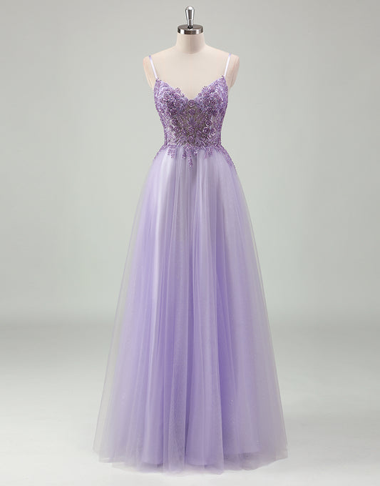 Robe de bal en tulle avec applique en spaghettis en forme de A violet
