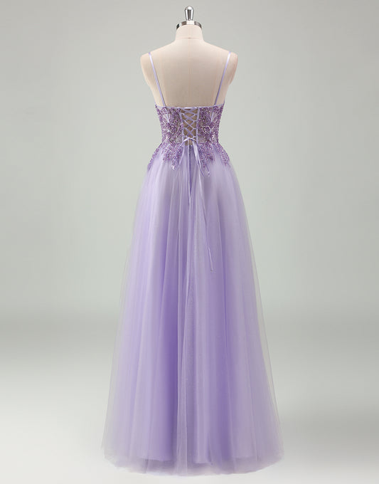 Robe de bal en tulle avec applique en spaghettis en forme de A violet