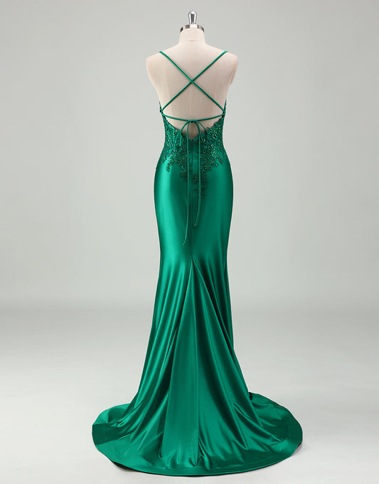 Robe de bal longue traîne avec appliqué de spaghettis en gaine verte