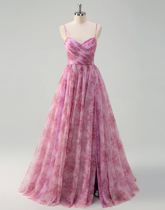 Robe de bal en tulle spaghetti en forme de A couleur violet rose