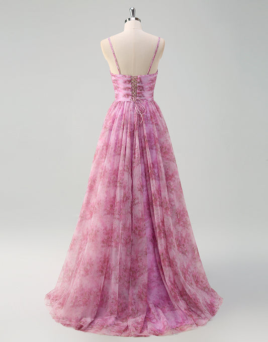 Robe de bal en tulle spaghetti en forme de A couleur violet rose
