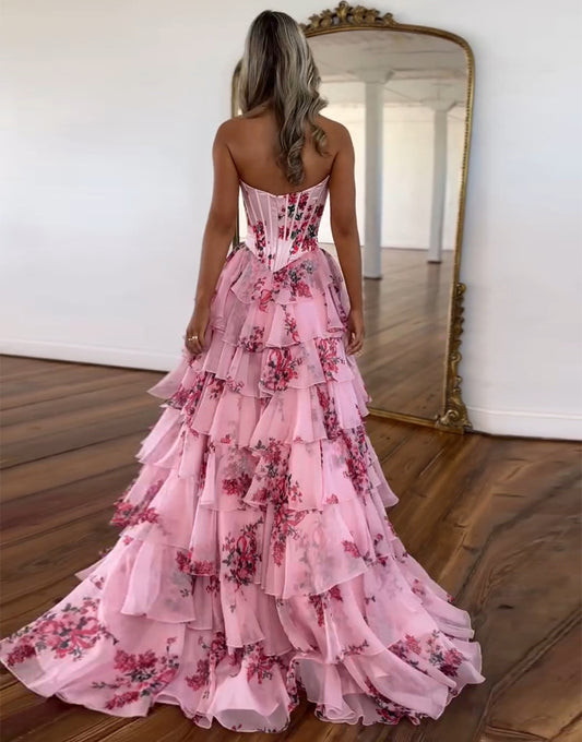 Robe de bal en tulle A-ligne, avec col en cœur, dégradé de volants et fente, couleur de pudeur