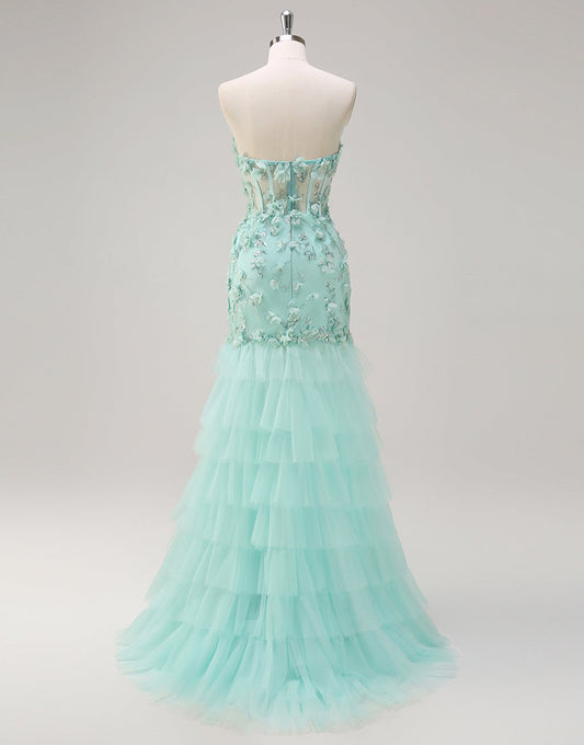 Robe de bal sirène verte en tulle à fleurs 3D avec volants en cascade