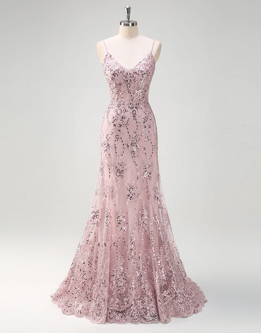 Robe de bal sirène en tulle à sequins et spaghetti gris et rose