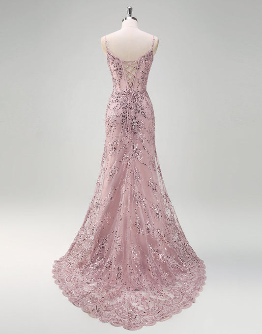 Robe de bal sirène en tulle à sequins et spaghetti gris et rose