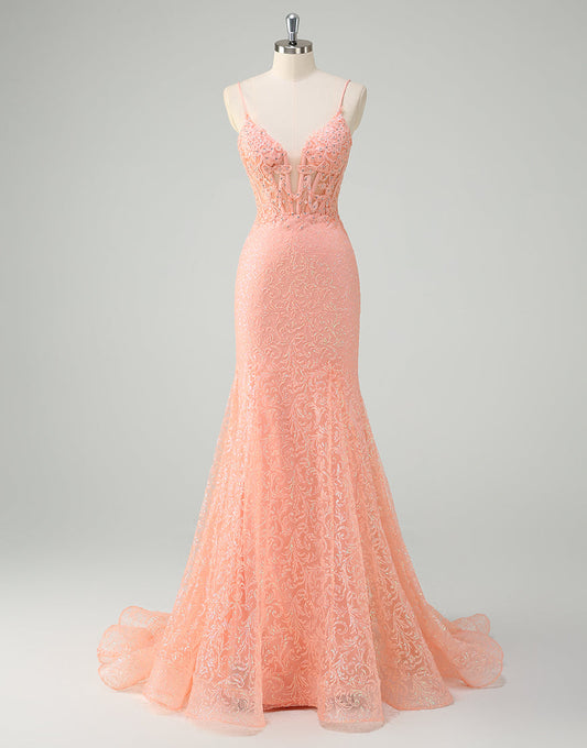 Robe de bal sirène orange à fines bretelles et appliques en cristal
