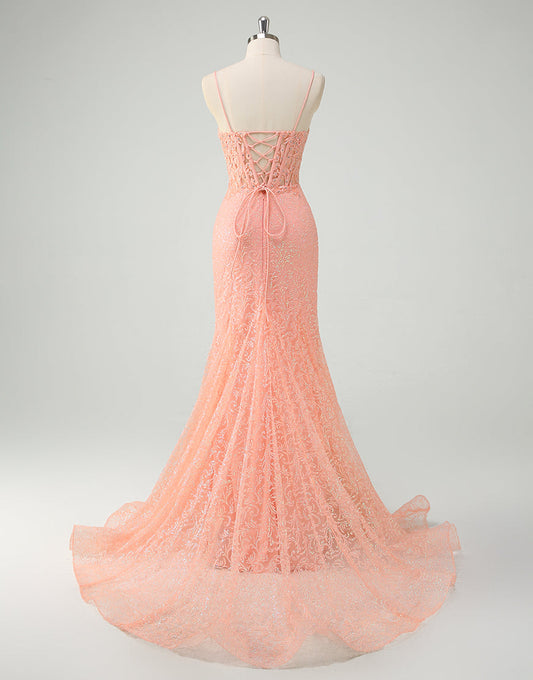 Robe de bal sirène orange à fines bretelles et appliques en cristal