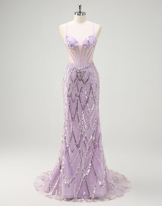 Robe de bal sirène à sequins lilas tendance avec traîne à balayage