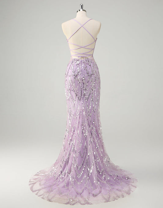Robe de bal sirène à sequins lilas tendance avec traîne à balayage