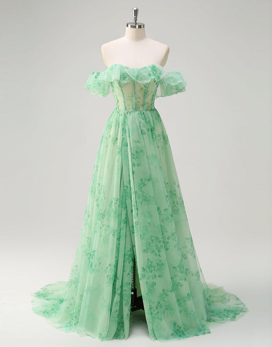 Robe de bal en tulle sans bretelles à imprimé vert coupe A