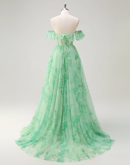 Robe de bal en tulle sans bretelles à imprimé vert coupe A