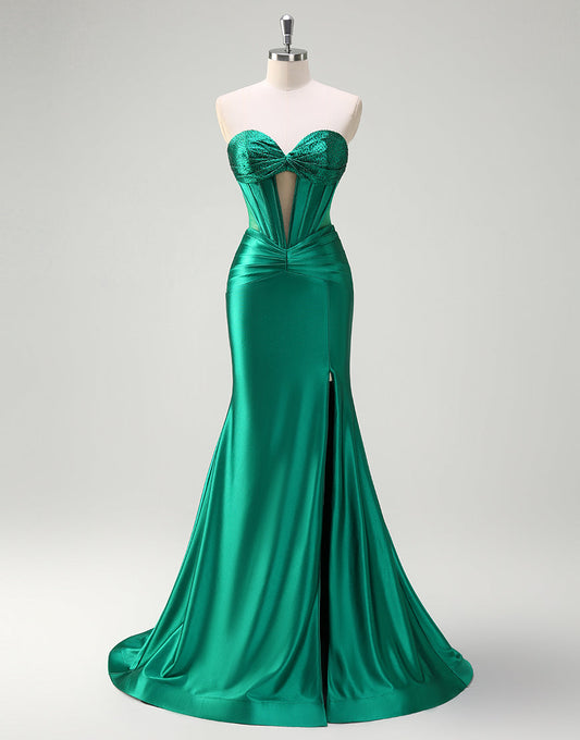 Robe de bal sirène vert foncé à décolleté en cœur ajouré avec fente