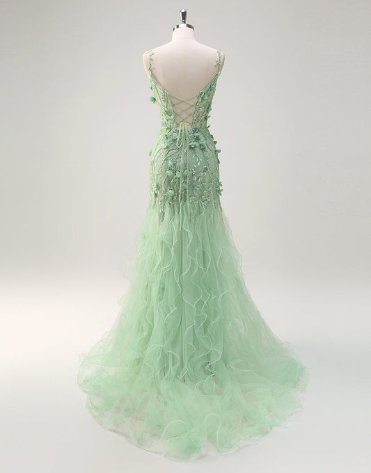 Robe de bal sirène en tulle à fleurs 3D avec fente