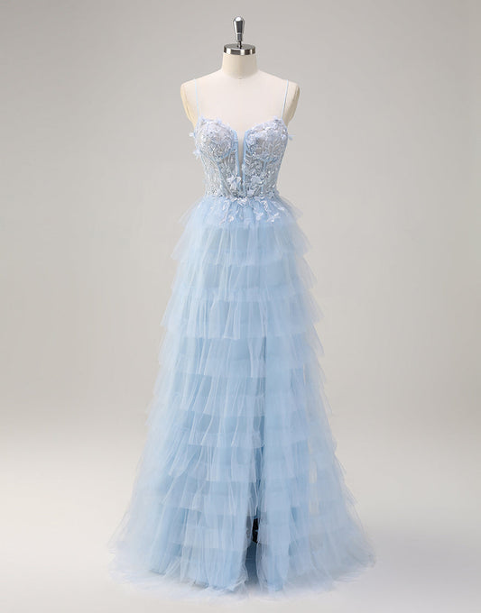 Robe de bal en tulle à volants et fines bretelles avec motif floral 3D
