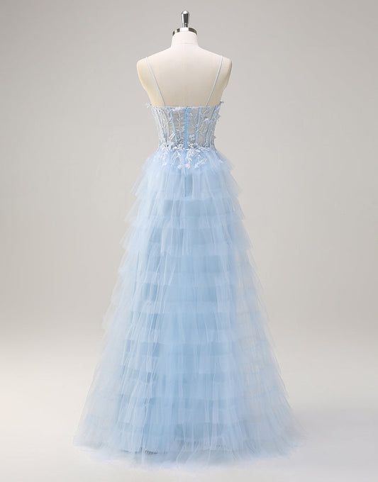 Robe de bal en tulle à volants et fines bretelles avec motif floral 3D