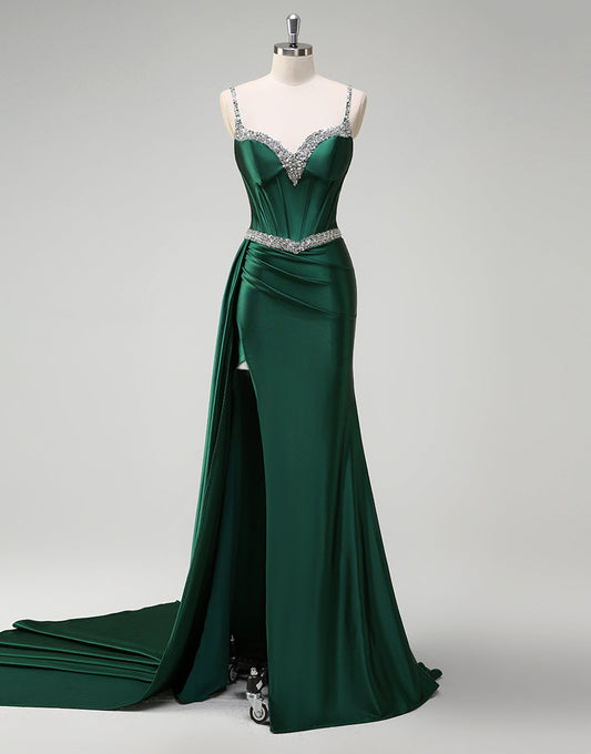 Robe de bal longue en satin vert foncé à fines bretelles et paillettes