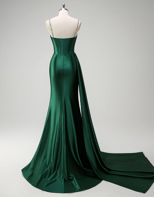 Robe de bal longue en satin vert foncé à fines bretelles et paillettes